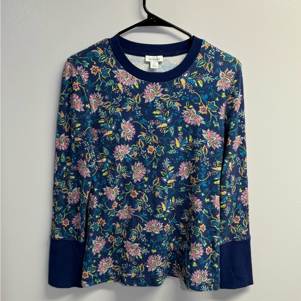 Sundance Pink and Blue Waffle Knit Long Sleeve Thermal Button Top - Size Medium
